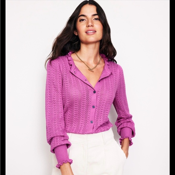 Boden Sweaters - Boden Tia Pointelle Ruffle Frilled Cardigan Sweater Pink coquette Cottagecore